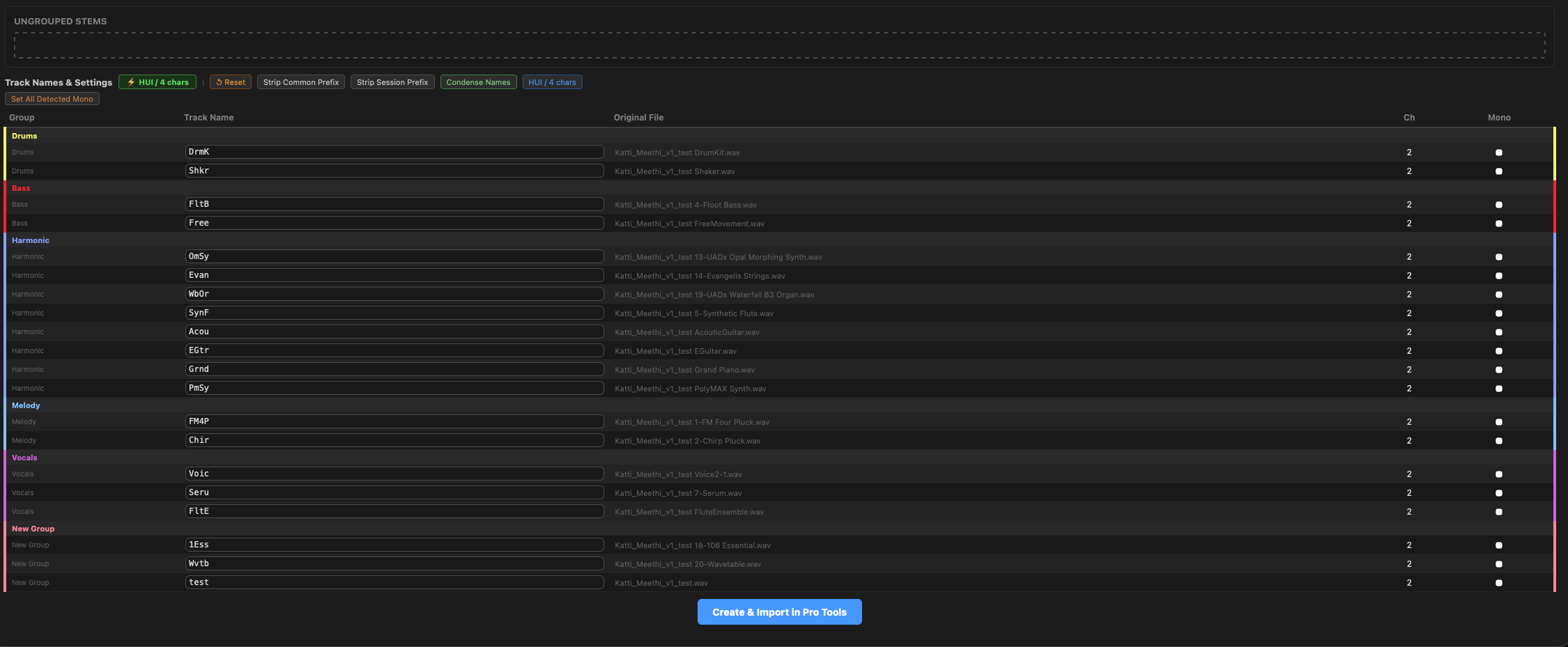 DAWganize Import Stems — track grouping view
